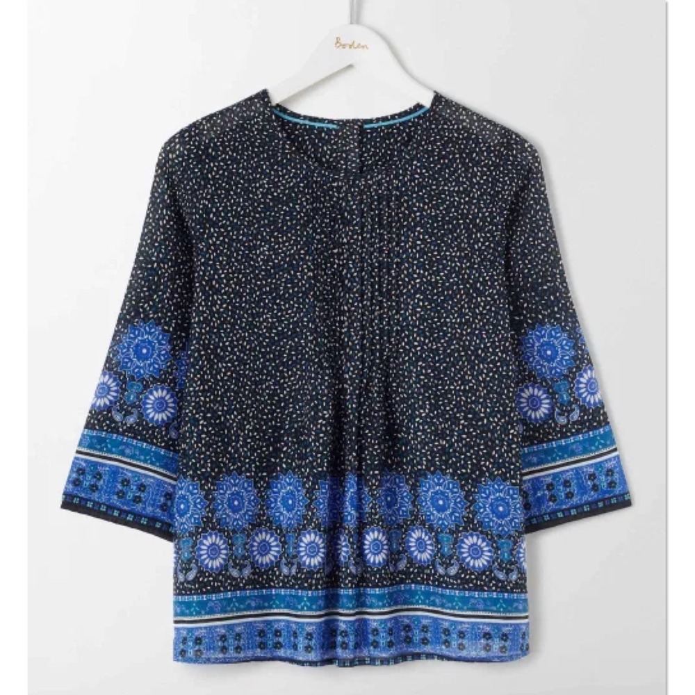 Boden Pintuck Top Navy Blue Floral Border US 14 Boho Coastal Lightweight Blouse